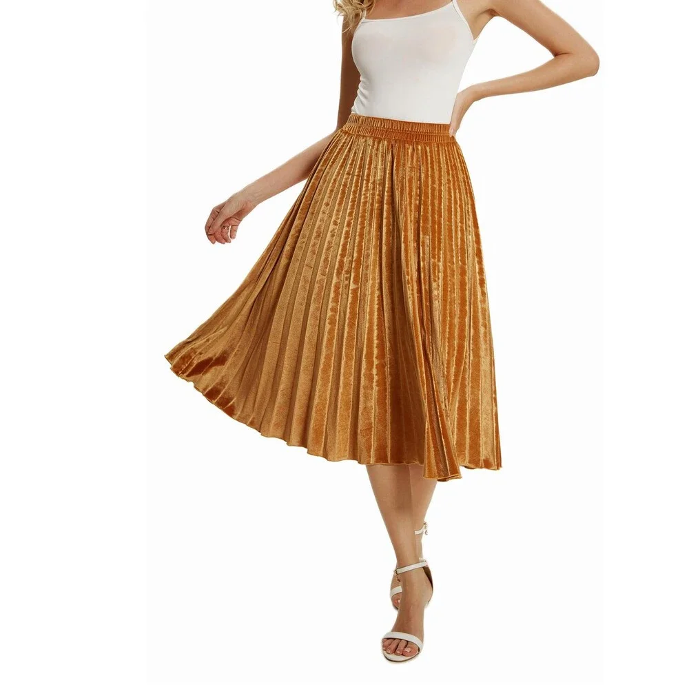 TONCHENGSD Women's Gold Velvet High Waist Flared Skirt Pleated Midi Light L